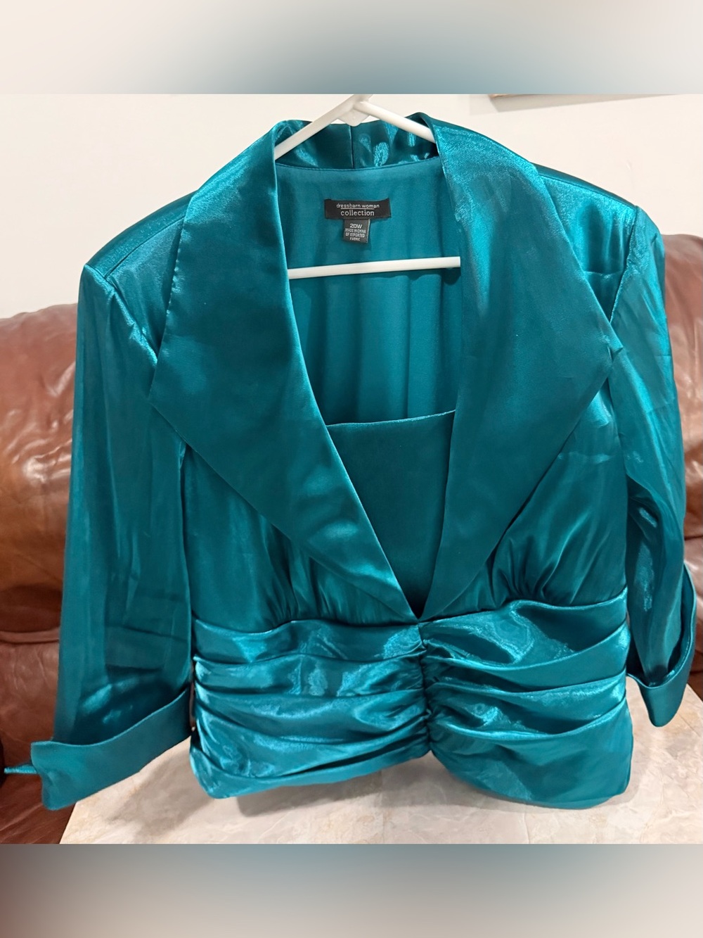 dressbarn Teal Satin Ruched Waist Jacket